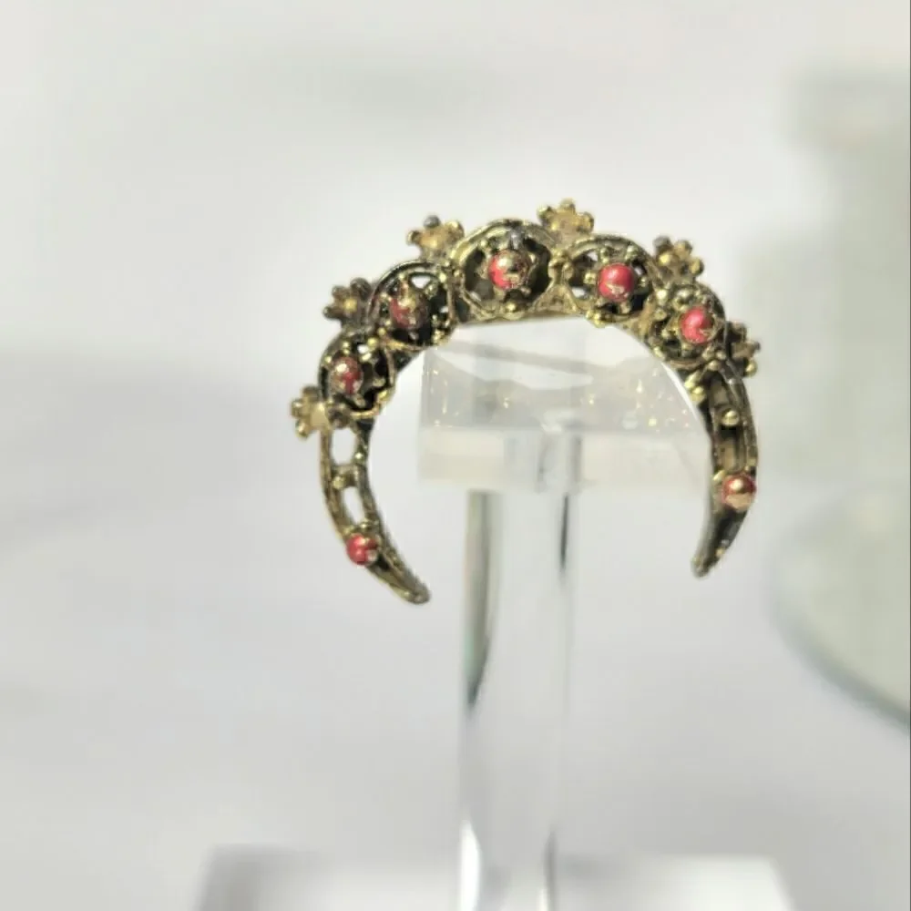 Vintage signed gold red crescent brooch